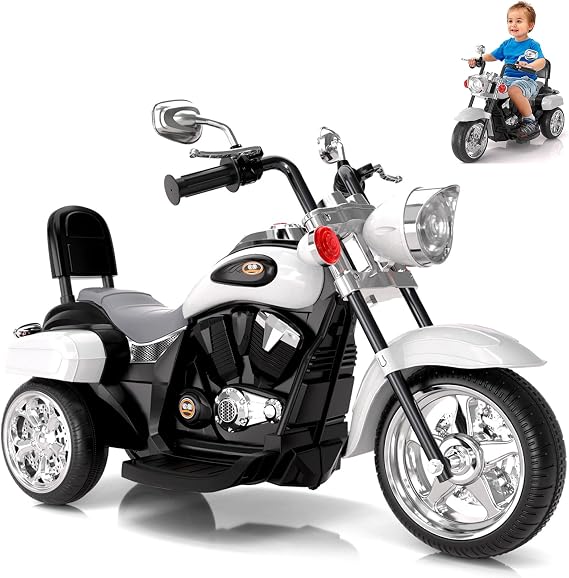 Motorcycle for Toddler Electric 3 Wheel Ride On Toy for Boys Girls Kids Ages 1-3, Big Wheel Ride On Motorcycle with Horn Headlight and Music, 6V Battery Powered, Gift Idea, White