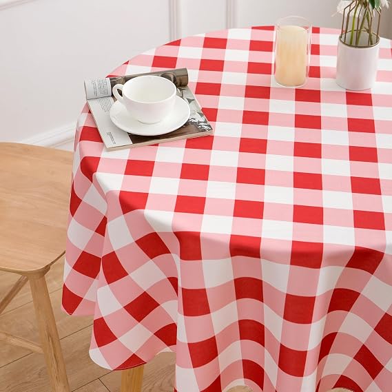 Round Red and White Checkered Tablecloth 70 Inch Spring Gingham Table Cloth- Buffalo Plaid Polyester Table Cover for Summer Holiday Decorations Reusable Water Resistant