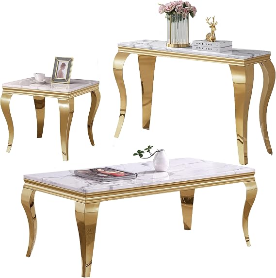Modern Coffee Table Set of 3 for Living Room, 3 Piece Marble Living Room Table Set Includes 1 Coffee Table, 1 Console Sofa Table and 1 End Table,White Faux Marble Top with Gold Stainless Steel Frame