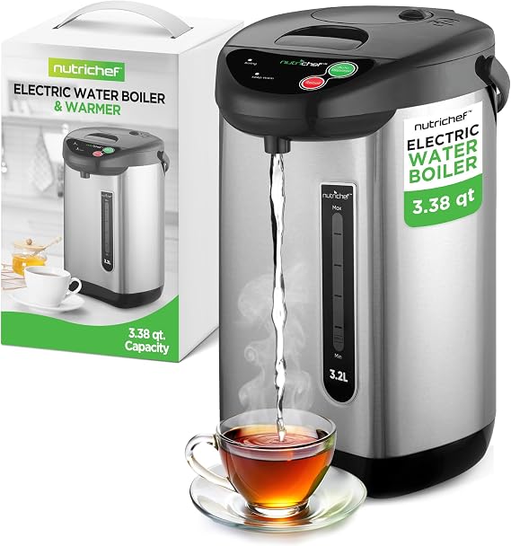 NutriChef Hot Water Urn Pot Insulated Stainless Steel,Auto & Manual Dispense,Auto Boiler,Safety Lock Shutoff 3.38 QT /3.2L - Auto Boiler Shut Off - PKWK43