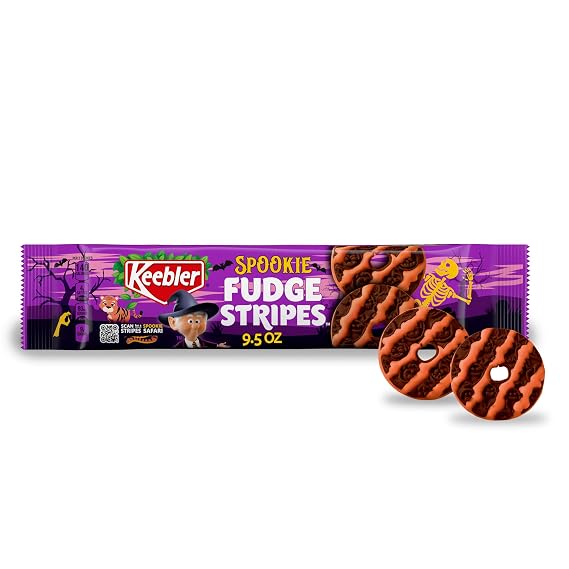 Keebler Spookie Fudge Stripes, Halloween Candy, Chocolatey Vanilla-Flavored Cookies with Orange Stripes, 9.5 oz Pa