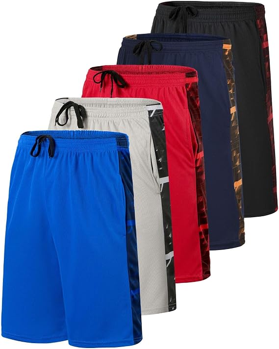 5 Pack Men's Mesh Shorts 9" Long Athletic Running Workout Gym Basketball | Elastic Drawstring Waistband, Casual, Lounge, Outdoor Shorts with Pockets, Moisture Wicking, Cooling, Quick Dry, Activewear