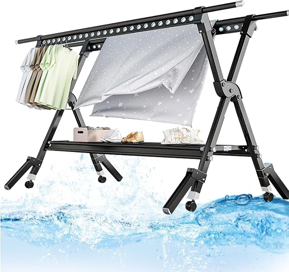 Laundry Room Retractable Clothes Drying Rack, Dryer Racks for Laundry Drying Indoor, Laundry Stand Organizer with Wheels, Aluminum Alloy Laundry Standing Rack (Black 230cm/91in)