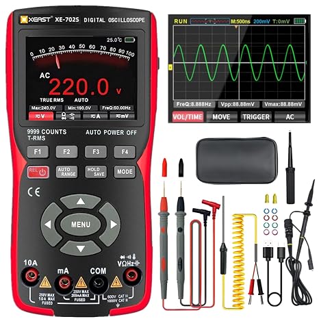 2 in 1 Handheld Oscilloscope Multimeter 10MHz Bandwidth 48MSa/s High Sampling Professional Oscilloscope 999 Count Digital Multimeter Auto Calibration Function DC/AC Voltage/Current Test