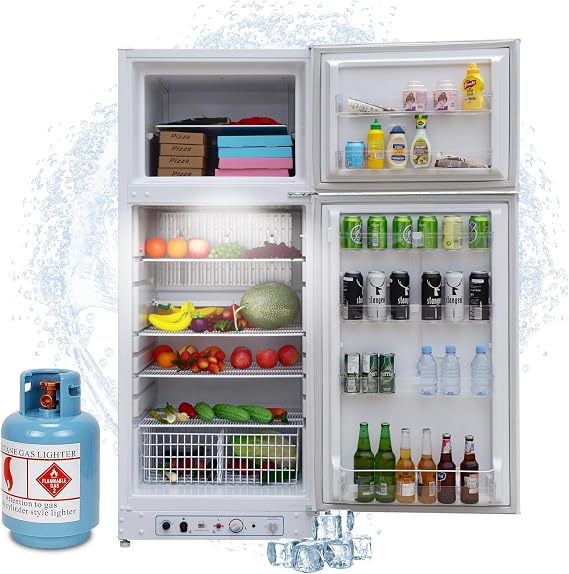 Propane Refrigerator with Freezer, 13.5 Cu.Ft Gas Fridge with Freezer Off Grid, 110v/LPG Dual Powers, RV Refrigerator for Outdoor, Truck, Camper, Kitchen, White