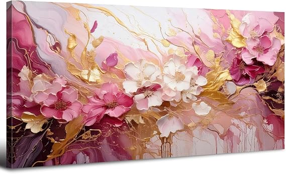 Pink Flower Wall Art for Bedroom Modern Watercolor Pink Marble Texture Wall Decor Abstract Plants Still Life Paintings Large Canvas Pictures Floral Poster Artwork Women Bathroom Decorations 20x40"