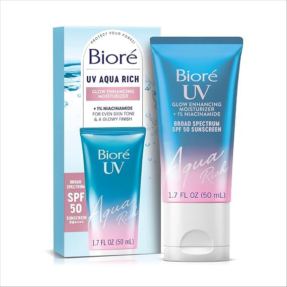 Biore UV Aqua Rich Glow Enhancing Moisturizer SPF 50, 1.7 fl oz | 1% Niacinamide, Daily Facial Sunscreen, Lightweight Hydration, Enhances Radiance, Broad Spectrum Protection