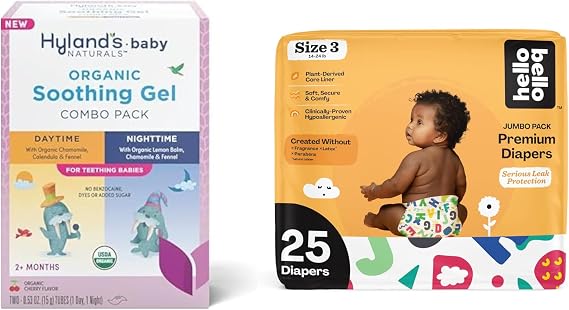 Hyland's Baby - Organic Day/Night Soothing Gel Combo Pack, Natural Relief of Oral Discomfort (2 Tubes of 0.53 oz.) + Hello Bello Premium Baby Diapers Size 3, 25 Count