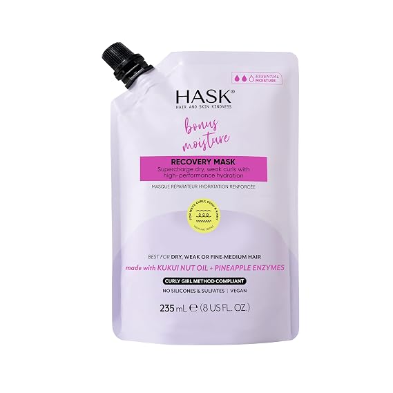 HASK Bonus Moisture Recovery Kukui Nut Hair Mask, 8 fl oz | Kukui nut hair mask, for dry, curly and coily hair, deeply moisturizes and revives, sulfate-free