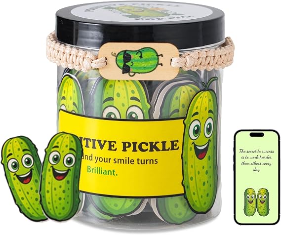 60 Positive Pickle Cards Jar Funny Encouragement Notes for Daily Motivation, Uplifting Gifts for Women, Men, Friends | Quirky Positive Affirmations & Desk Pick-Me-Up Jar