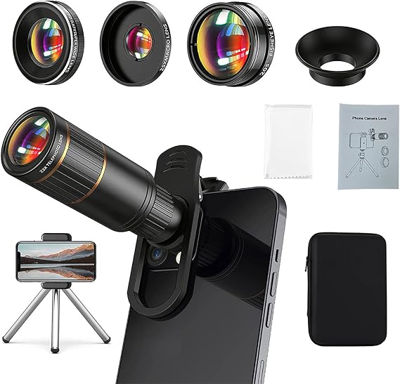 Phone Camera Lens Kit Upgraded Version Includes 22X Telephoto Lens, 205 Fisheye Lens, 0.67X Wide Angle Lens, 25X Macro Lens, Clip & Mini Tripod for iPhone and Android Phones