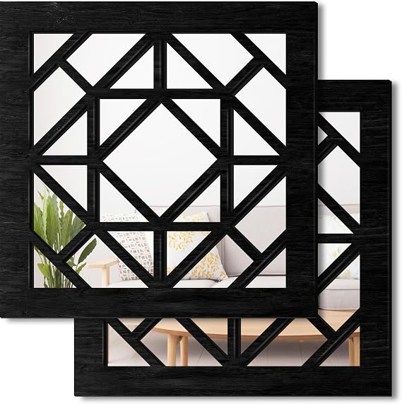 2 PCS Square Wall Mirror,Rustic Farmhouse Wall Mirrors,12 inch Small Mirror Art (style1 Black)