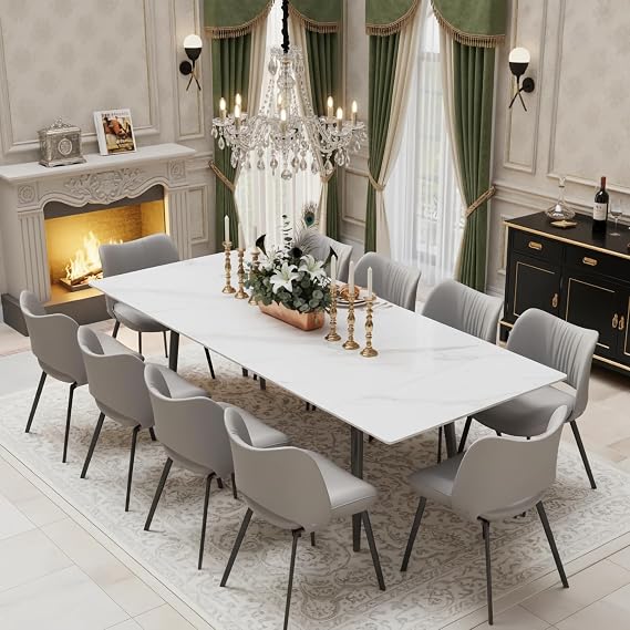 Extendable Sintered Stone White Marble-Effect Dining Table with Dual Hidden Extensions, 160–240cm, Modern Executive Rectangular Table for Kitchen, Dining Room, Seats 4–10