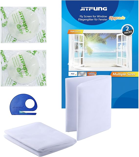 DIY Fly Screen for Windows, 2 Packs of Mosquito Net Insect Mesh 130x155CM with 2 Rolls [UPGARDE] Self-Adhesive Tapes & Cutter, White (Square, Set of 2)