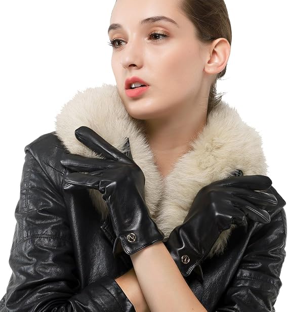 Women Italian Leather Gloves - Winter Driving Ladies Lambskin Warm Fleece Lining