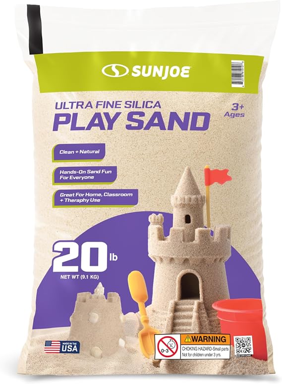 Sun Joe Silica Play Sand for Sandbox, Sensory Table & Gardens, PLYSAND20 | 20 Lb Bag - Indoor & Outdoor Craft Accessory for Molding, Digging & Sculpting, PLYSAND20