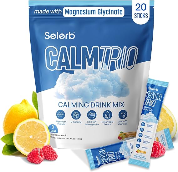Selerb CalmTrio Magnesium Glycinate Powder Cortisol Drink Mix - No Sugar with L-Theanine, Ksm-66 Ashwagandha, Lemon Balm, Vitamin D3, B6, Supplements for Relax, Focus & Calm, Raspberry Lemon 20 Ct
