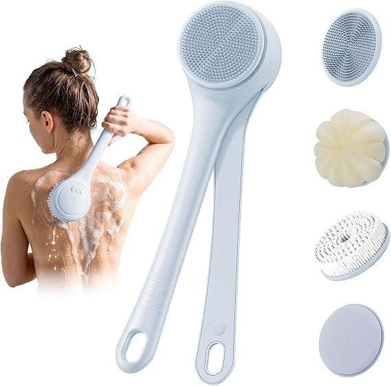 Electric Body Brush Back Scrubber for Shower, Waterproof Long Dual Handle Power Body Scrubber with 4 Heads, Bath Brush & 2 Speeds, for Deep Cleansing, Exfoliating and Massaging Skin (Blue)