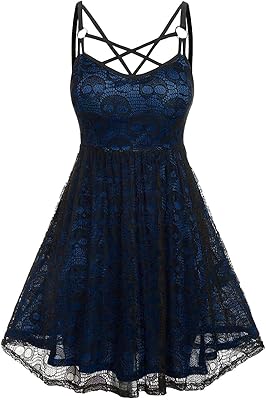 Womens Sleeveless Punk Dresses Camisole Skull Print Lace Swing Dress Halloween Spaghetti Strap Steampunk Dress Goth Clothes