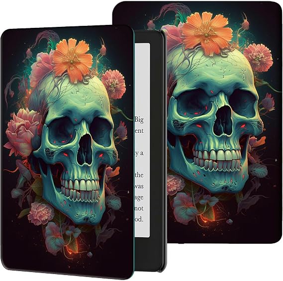 Rossy Case for All-New Kindle 10th Generation 2019 Release Slim PU Leather Adjustable Smart Cover with Auto Wake/Sleep for Kindle 10th Gen 2019 (NOT Fit Kindle Paperwhite),A Skull Flowers