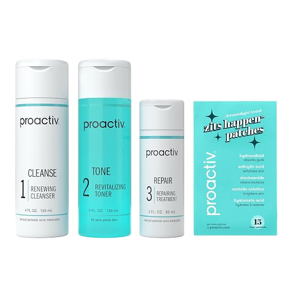 Proactiv 3 Step Acne Treatment System, 60 Day Complete Skincare Kit with Benzoyl Peroxide Cleanser, Toner, Repairing Treatment, and 15Count Pimple Patch