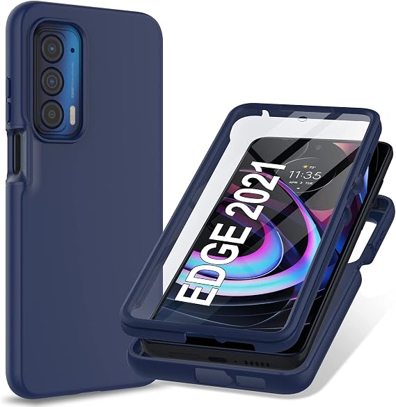 PUJUE for Motorola Edge 2021 | Edge 5G UW Cover Case: Built in Screen Protector Full Body Protection Hard Front Bumper Soft Silicone Back Cover Slim Rugged Shockproof Protective Phone Case (Navy Blue)