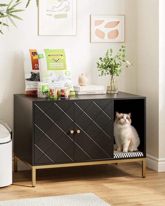 Cat Litter Box Enclosure, Black Litter Box Furniture Hidden with Scratching Mat,Hidden Cat House for Indoor,Fit Most Cats and LitterBox(Black,Diamond)
