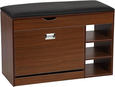 Rodiuiu Storage Bench with Drawers & Padded Seat Cushion, 3 Tiers Hallway Bench, Shoe Cabinet Shoe