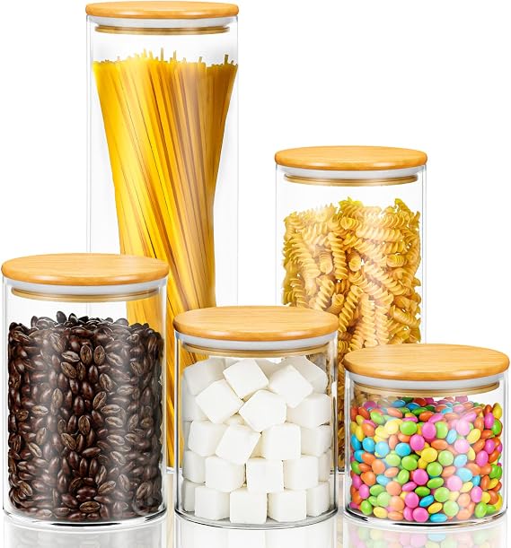 Sugar Jar Glass Salt Container,Multi Size Clear Airtight Caning with Bamboo Lid(19/26/33/45/68 Ounces) Pack of 5, Storage Overnight Oats, Salts, Coffee Bean, Spice, Creamer, Food Organizer,
