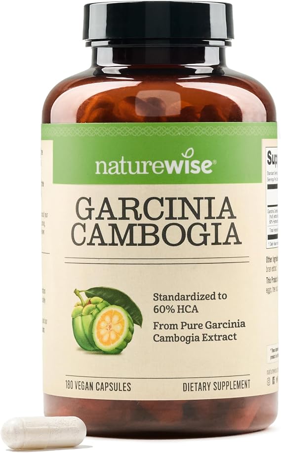 Naturewise Garcinia Cambogia - 60% HCA Concentration Extract, Natural Support for Weight Goals and Energy Levels - Vegan, Non-GMO, Gluten Free - 180 Capsules[2-6 Month Supply]