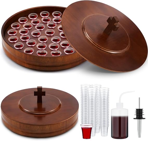 Zhehao 1 Set Wood Communion Tray Set for Church Holy Serving Tray with Lid Elegant 40 Cup Holders and 100 Disposable Communion Cups for Worship Service(Rubber Wood Style)
