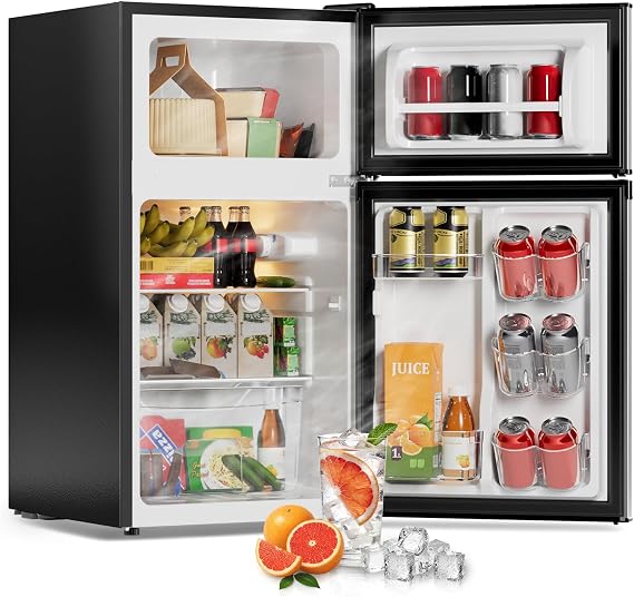 3.2 Cu Ft Mini Fridge with Freezer - Energy Efficient, Double Door Upright Freezer for Bedroom, Office & Dorm | Small Fridge, Glass Shelves,Interior Light,ETL Certified,etc(Silver)