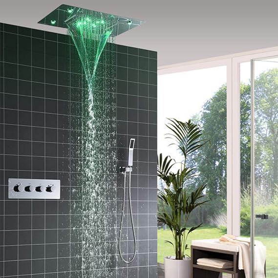 Sprinkle LED Luxury Square Waterfall Rain Shower System Ceiling Mounted Shower Heads Color Changing Thermo Tap Bathroom Shower System Rain Shower