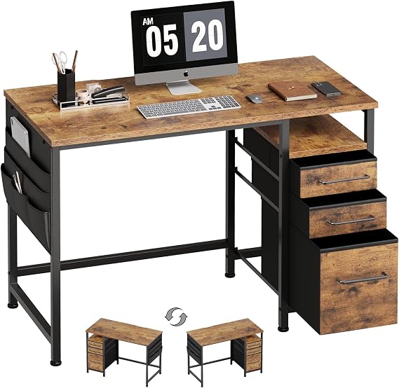 Maihail Small Desk with Drawers, Office Desk with Storage Shelves, Brown2