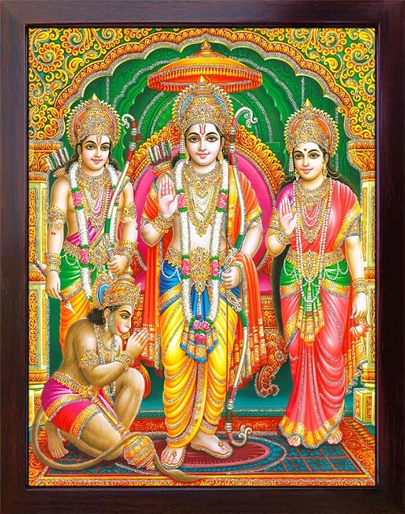 Hanuman Ram, Laxman and Sita Back in ayodhya and Lord Hanuman paying him Gratitude and Ram Giving Blessings, A Poster Print with Frame