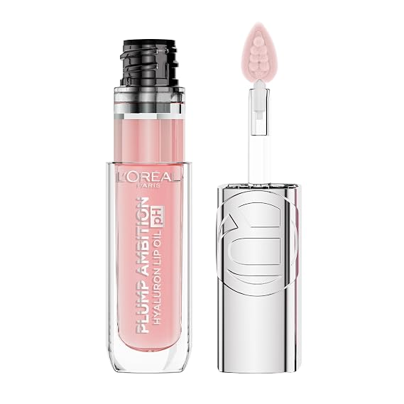 L'Oreal Paris Plump Ambition pH Hyaluron Lip Oil, Color Shifting Lip Tint with 24HR Hydration, Volumizing Shine and Lasting Color, 020 pH Rose