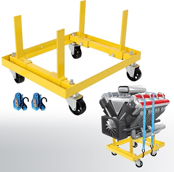 750lbs Rolling Engine Stand,Adjustable Width And Length, with 2pcs Buckle Straps,Yellow