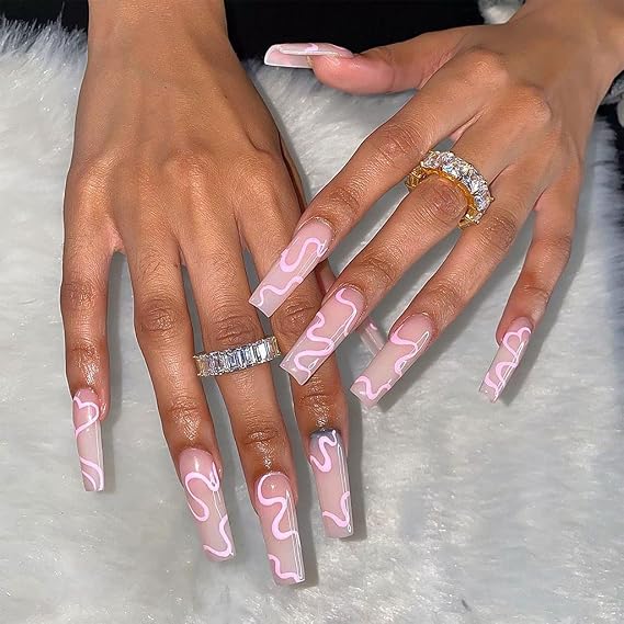 RikView Press on Nails Long Acrylic Nails Coffin Pink Nails Fake Nails for Women with Swirls Design