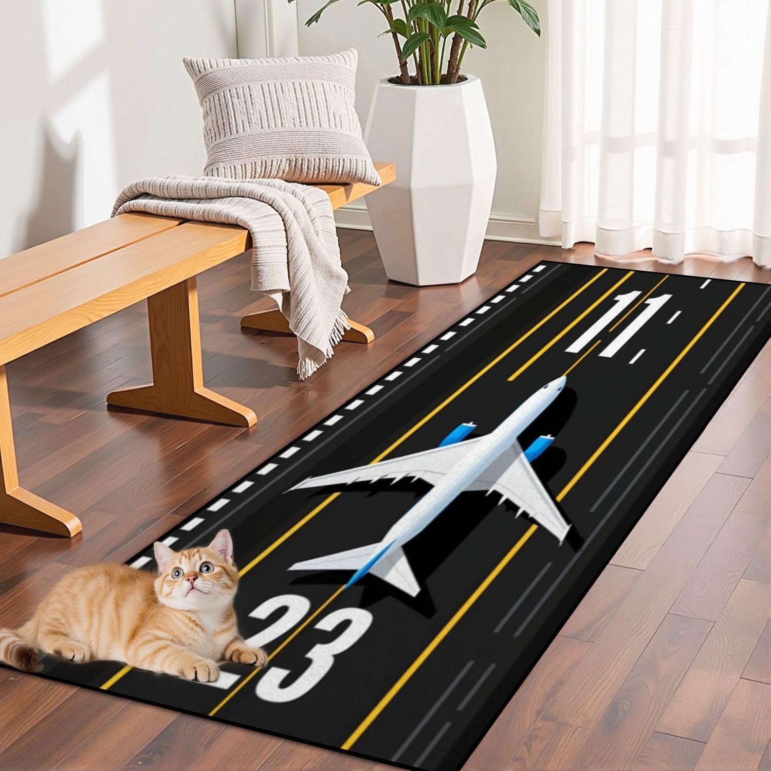 Airplane Hallway Runner Rug, 60x120cm Black and White Long Runway Carpet Aviation Airport Airplane Runway Area Rugs for Classroom Play Mat, Non-Slip Short Pile Carpet for Bedroom Bedside