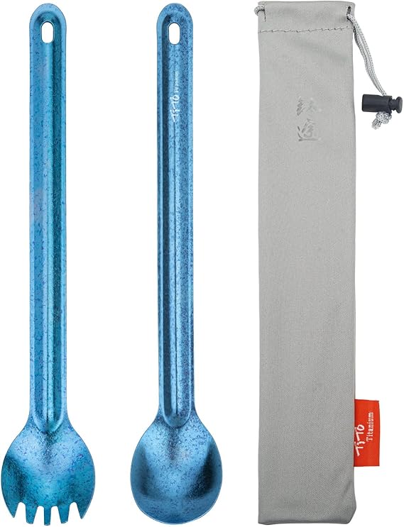 TiTo Titanium Long Handle Spork and Spoon Eco-Friendly Ultralight Portabale Flatware for Outdoor Camping Backpacking Hiking Travel Picnic Tableware with Bag (2Pcs Blue)