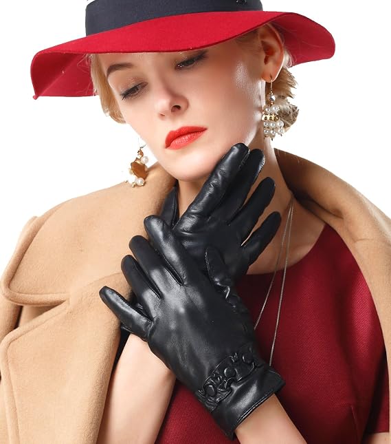 Women Nappa Leather Lambskin Buttons Decoration Gloves Winter Gloves
