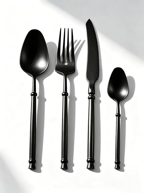 Black Silverware Set for 4 Unique 18/10 Stainless Steel 16 Piece Flatware Sets Mirror Polished Elegant Cutlery Utensils Set for Home Kitchen Dishwasher Safe Nice Weight