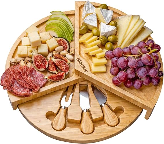 Bamboo Cheese Board and Knife Set 14 inch Round Charcuterie Board, Serving Tray, Platter, Wood Cheeseboard Set with Slide-Out Drawer BlauKe