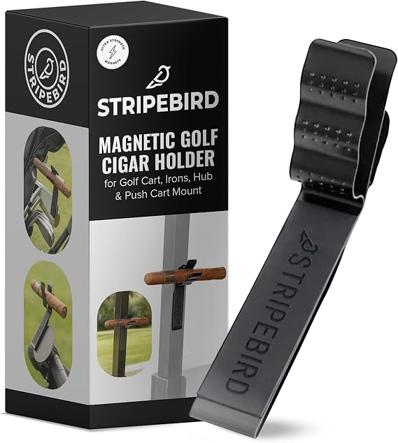Stripebird Magnetic Golf Cigar Holder - Durable Aluminum Alloy with Neodymium Magnets - Magnetically Attached to Golf Cart, Irons, Push Cart & Hub Mount - Easy Clamp Design & Cigar Clip