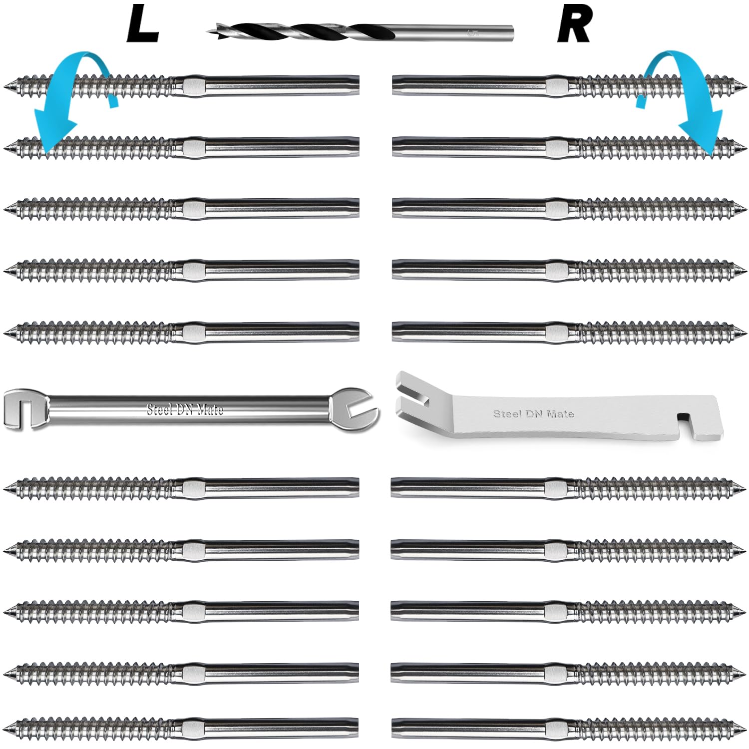 Steel DN Mate 20 Pack T316 Stainless Steel Right&Left Handed Thread Swage Lag Screws for Wood Post of 1/8" Steel Cable Railing Kit, Cable Railing Hardware, DIY Wood Baluster, Wrench Included DM10