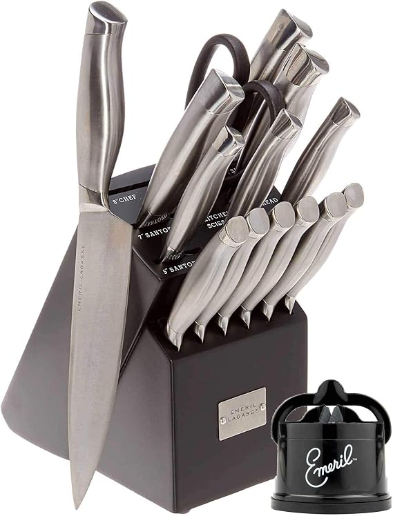 Emeril Lagasse Best Kitchen Collection - Cutlery for Produce & Sandwiches with Steel Blades - Hollow Handle 15-Piece Knife Block Set (Black) + Tungsten Carbide Knives Sharpener w/ Suction Pad (Black)