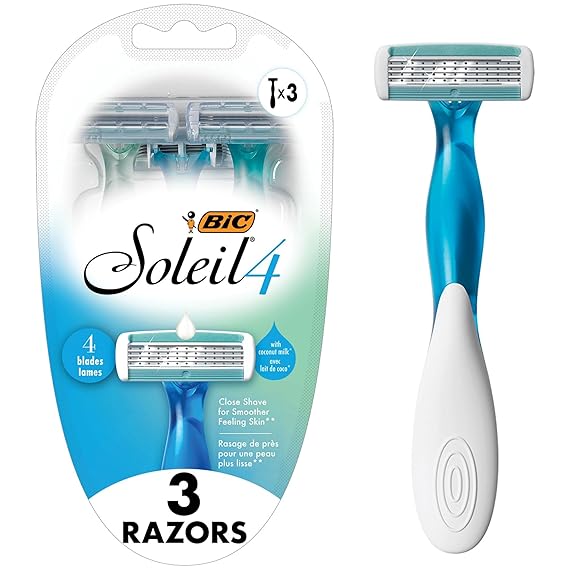 BIC Soleil 4 Womens Disposable Razors, 4 Blade, Flexible Blades, 3-Pack | Blue Handle, Pivoting Head for Smooth Shaving | Less Irritation, Up to 4 Weeks Use | Includes Blade Cover for Travel