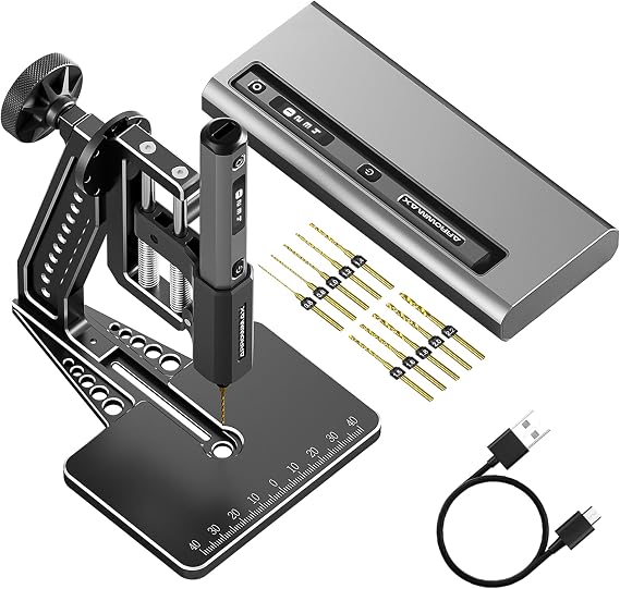AM ARROWMAX 4 Speed Electric Mini Drill Pen with Hedgehog Bench Top Press, 10 Small Drill Bits with Aluminum Box, OLED Display, LED Light, 3/32" Keyless Chuck SDS ULTRA PLUS