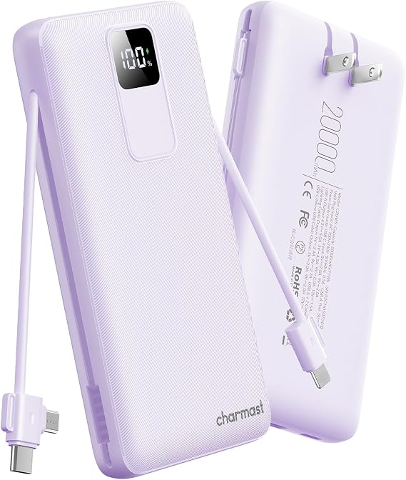 charmast 20000mAh Portable Charger with Built-in Cables and AC Wall Plug