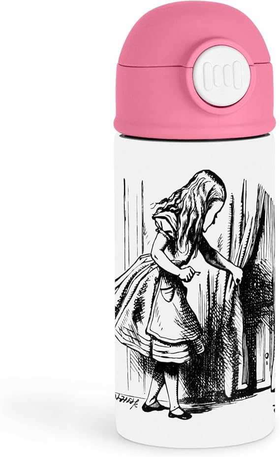 Sweet Wonderland Fans 12oz Kids Pink Bottle Alice illustration opening a door in black and white School Lunch, Playdates